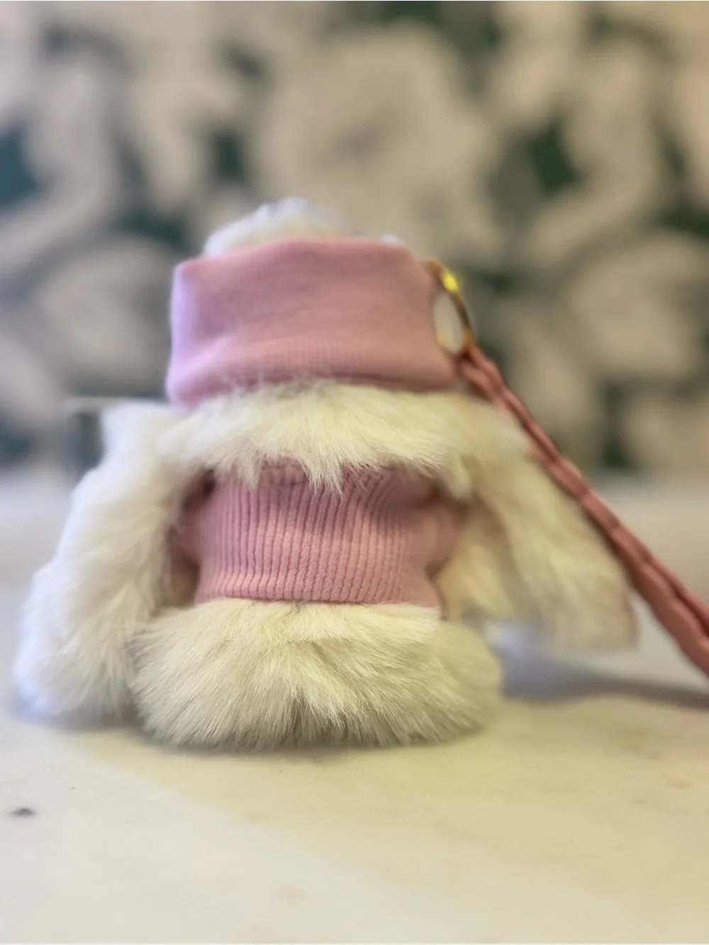 Fashion Furry Bunny Bag Charm with Logo Dress, Bow & Wristlet Strap